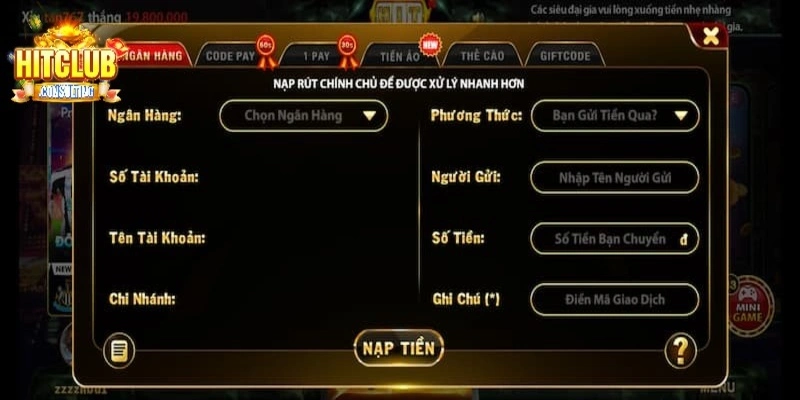 Nạp rút tiền HITCLUB vào tài khoản cá cược